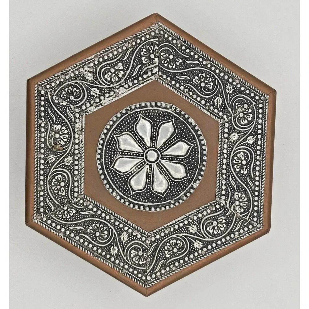 Vintage Embossed Silver Copper & Metal Hexagonal Trinket Box‎ 4 Compartment